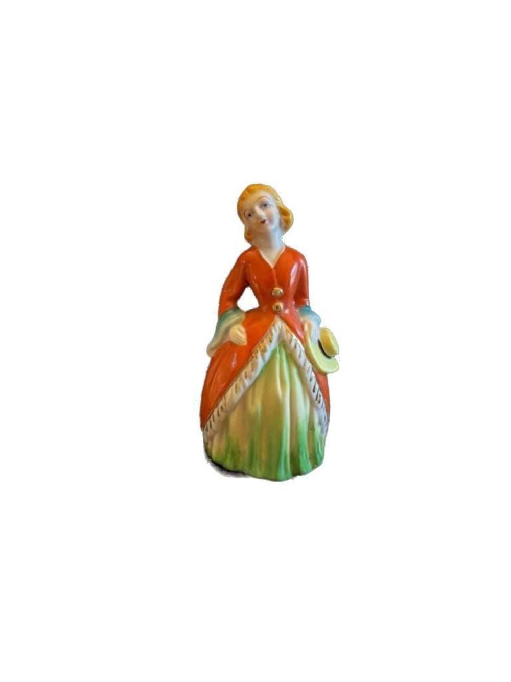 Vintage Occupied Japan Colonial Lady Figurine in Red and Green Hoop Skirt